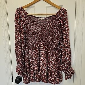 Jodifil Smocked Peplum Blouse with Bishop Sleeves